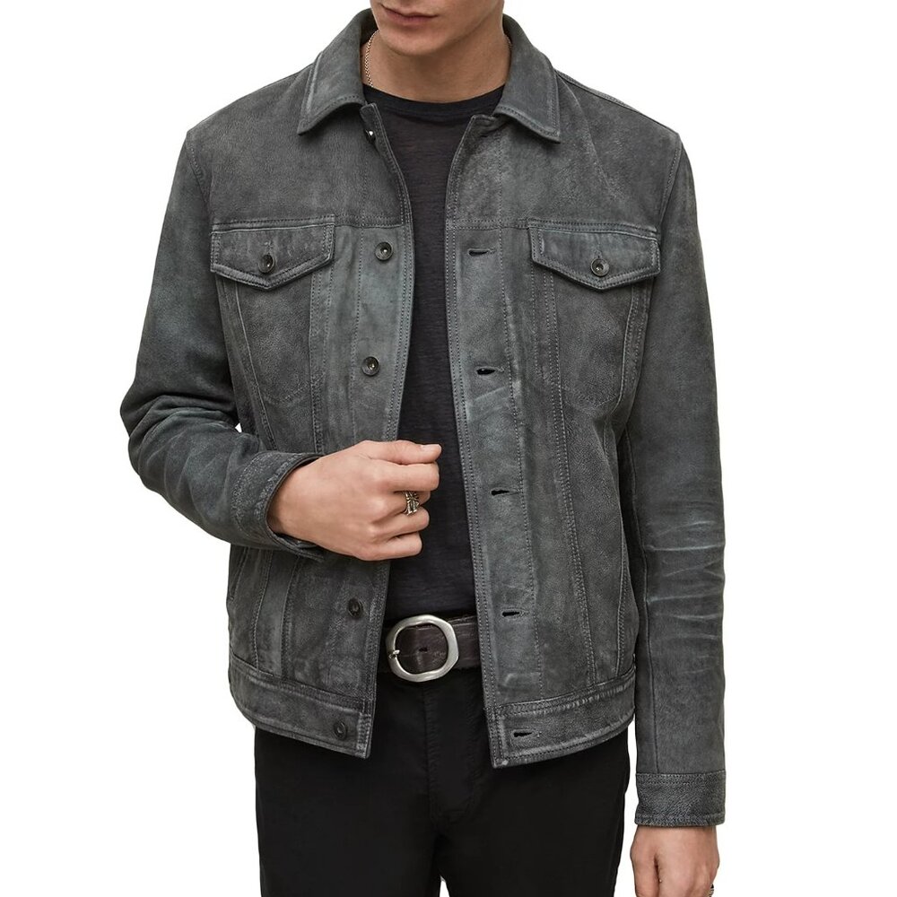 John Varvatos Men's Andrew Trucker Jacket Distressed Sheepskin Leather Seal Grey